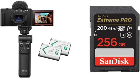 Sony ZV-1II Compact Digital Camera VLOGCAM Vlog Camera ZV-1II Shooting Grip Kit with Windscreen Zoom Lens Black ZV-1M2G B+ SD Card, 256GB SDXC, Class 10, UHS-I V30, Read Up to 200MB/s SanDisk