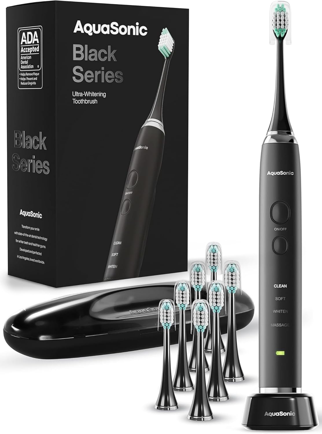 Cepillo de dientes AquaSonic Black Series, ultrablanqueador, 8 cabezales de cepillo DuPont y funda de viaje incluidos, motor ultrasónico de 40.000 VPM y carga inalámbrica, 4 modos con temporizador inteligente, cepillo de dientes eléctrico moderno