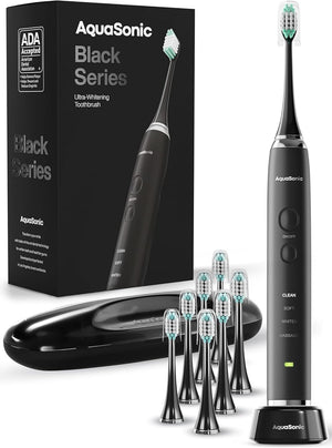 Cepillo de dientes AquaSonic Black Series, ultrablanqueador, 8 cabezales de cepillo DuPont y funda de viaje incluidos, motor ultrasónico de 40.000 VPM y carga inalámbrica, 4 modos con temporizador inteligente, cepillo de dientes eléctrico moderno