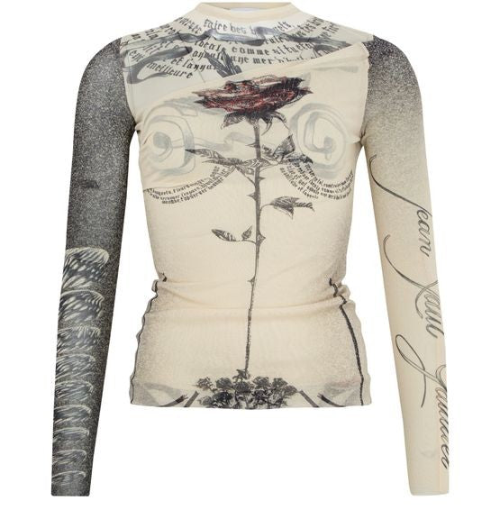 JEAN PAUL GAULTIER Double layer printed mesh long sleeves top - Image 1