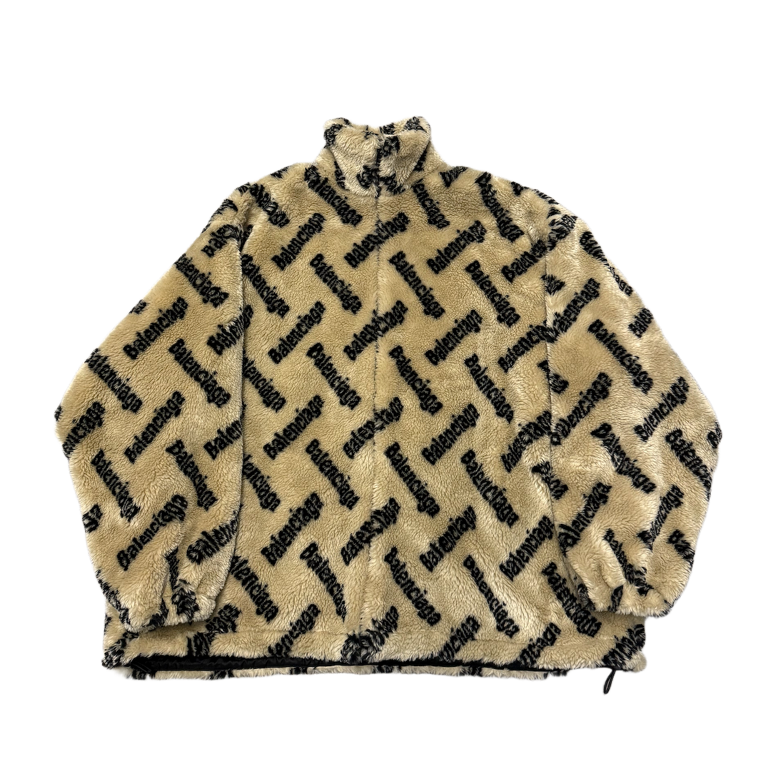 BALENCIAGA 'LOGO PATTERN' SHERPA TAN FLEECE ZIP UP JACKET