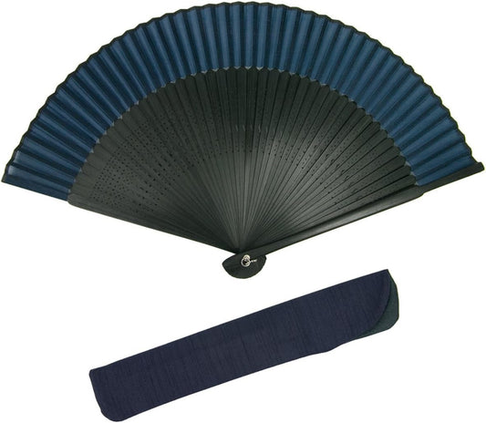 Kyoetsu Men's Folding Fan, Pure Silk, Plain, Black Ribs, 2-Piece Set (Fan and Fan Bag)
