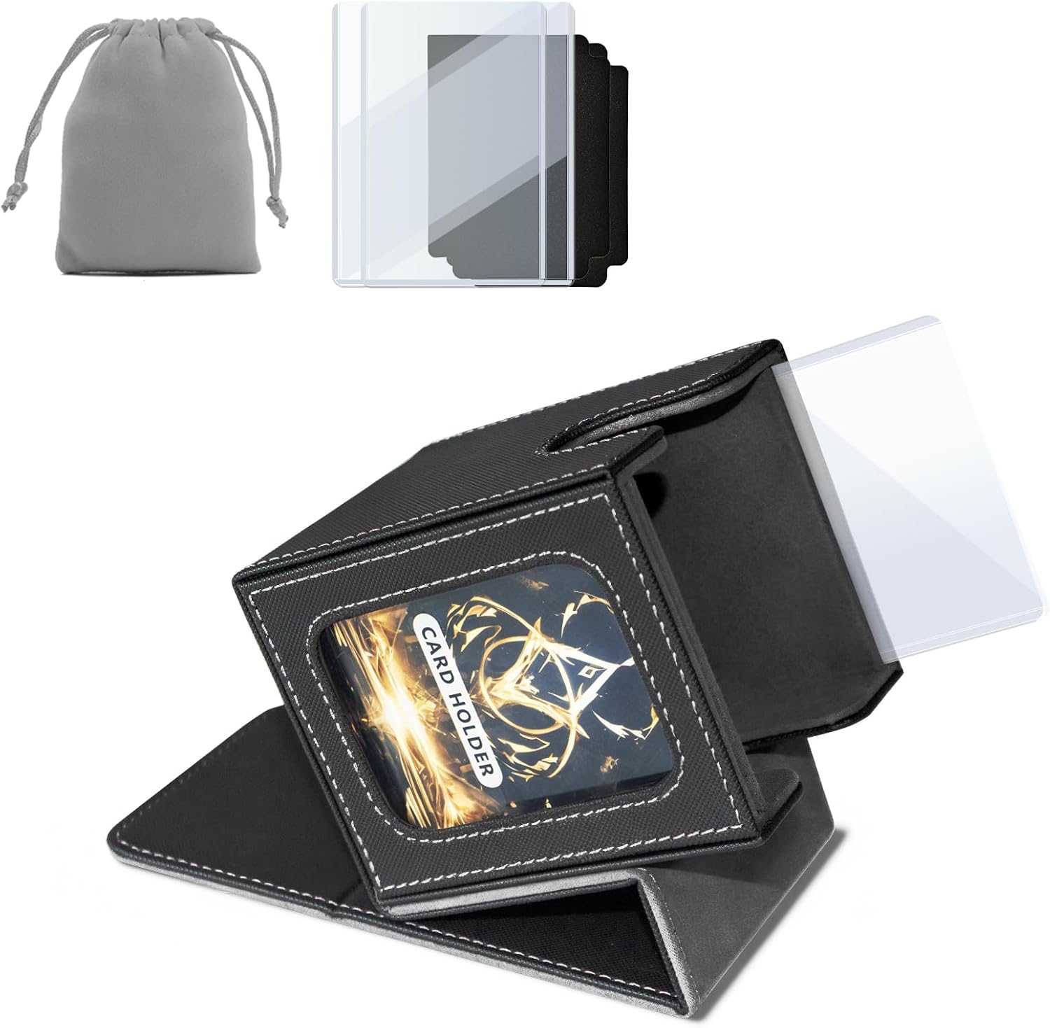 Domstar Deck Case, Card Case Trading Card Case with Double Card Display Window, Waterproof Leather, Holds 100 Double Sleeve Cards, 2 Dividers, 2 Card Sleeves, 1 Dice Bag for Pokemon, YuGiOh Duel