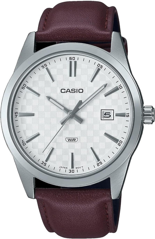 Casio MTP-VD03L-5A Men's Standard Brown Leather Band White Dial Three-Hand Analog Watch in White, White, Made in Japan, white, Made in Japan