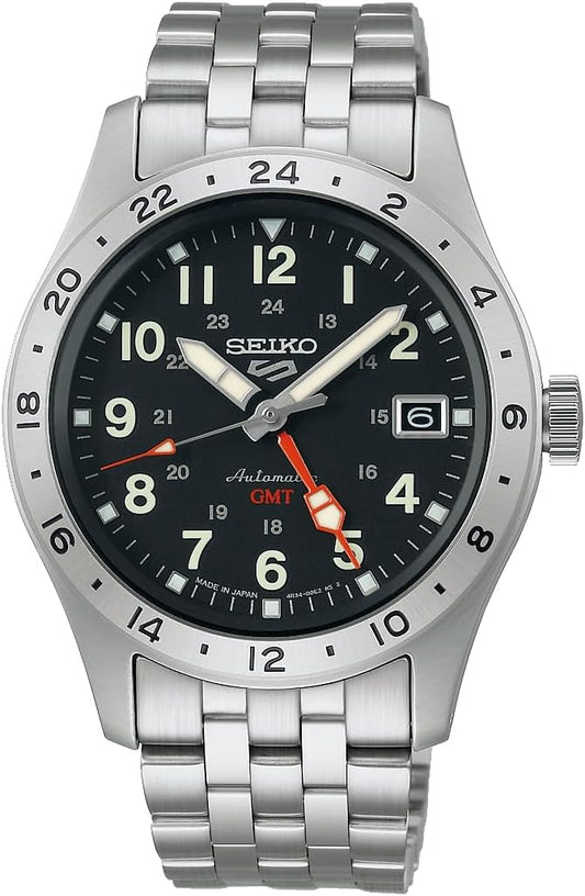 Seiko 5 Sports Field GMT "Sports Style" Mechanical Automatic Winding (Hand Winding Included) Men's, Case: Silver / Dial: Black, Bracelet Type