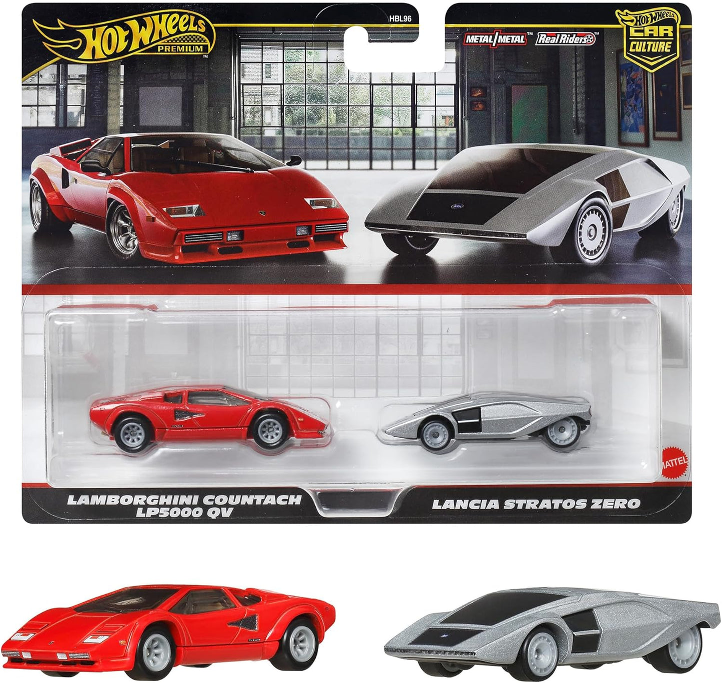 Hot Wheels Premium 2-Pack Lamborghini Countach LP5000 QV/Lancia Stratos Zero Toy Vehicle Mini Car, Ages 3 and Up, Multi JBL02
