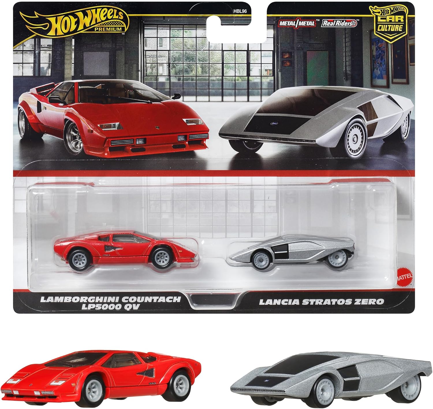 Hot Wheels Premium 2-Pack Lamborghini Countach LP5000 QV/Lancia Stratos Zero Toy Vehicle Mini Car, Ages 3 and Up, Multi JBL02