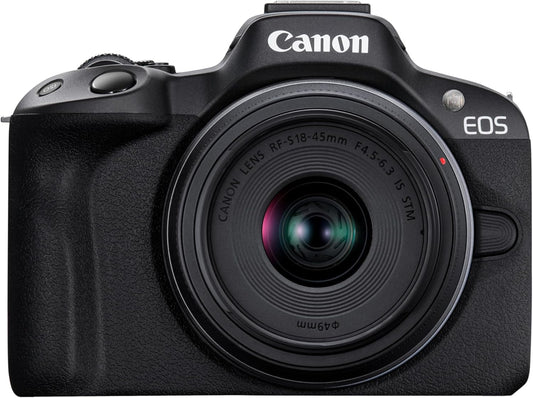 Canon EOSR50BK-1845ISSTMLK EOS R50 Mirrorless (MILC) Camera, RF-S18-45 Standard Zoom Lens Kit, Black, APS-C, Approx. 13.2 oz (375 g)