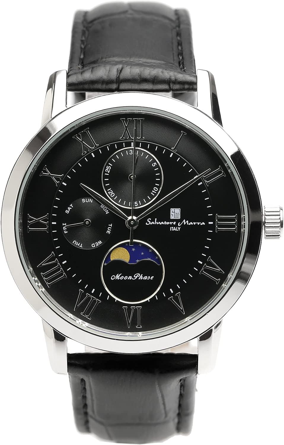 Salvatore Marra Moonphase Multi-Calendar Watch, 5 ATM Waterproof, Business, Formal, Men's Leather Belt, Exclusive Model, Silver, Black SM21106-SSBK