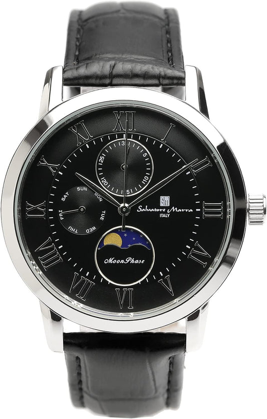 Salvatore Marra Moonphase Multi-Calendar Watch, 5 ATM Waterproof, Business, Formal, Men's Leather Belt, Exclusive Model, Silver, Black SM21106-SSBK