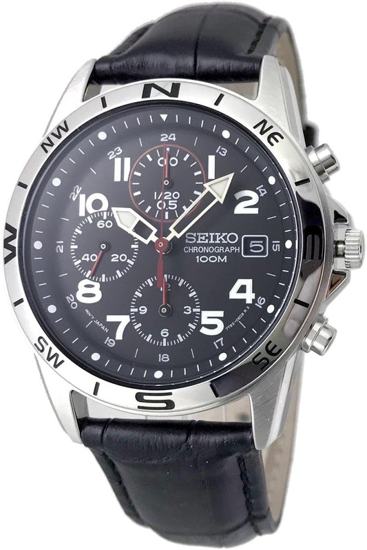 Seiko SND375P-BK Chronograph Watch, Genuine Leather Strap Set, Genuine Seiko Distributed Product, Black, Military Chrono, Black, Military