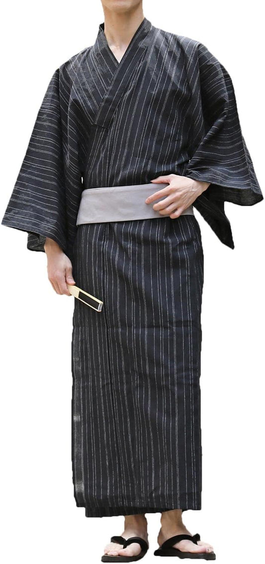 TopIsm Men's Yukata Set, 4 Pieces, Yukata, Obi, Geta Clogs, Fan, Men's Kimono Set