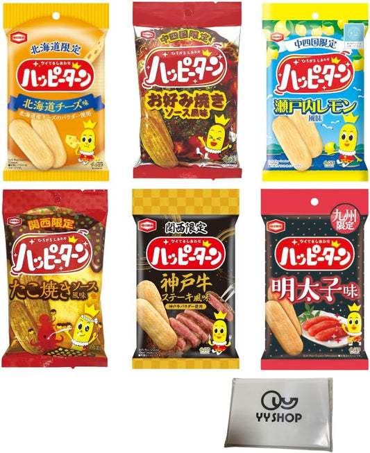 Local Limited Happy Turn, 6 Types, 6 Bags, Eat Comparison, 1.2 oz (34 g), Hokkaido Cheese, Okonomiyaki Sauce, Setouchi Lemon, Takoyaki Sauce, Kobe Beef Steak, Kyushu Mentaiko Assortment + Pocket