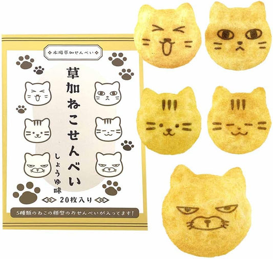 EarSmile Soy Sauce Flavored Cat Crackers, 20 Pieces per Box, Gift Packaging, Cat-shaped Snacks, Traditional Kasuka Senbei, Individually Wrapped, Japanese Rice Crackers, Cat Face Shape, Domestically