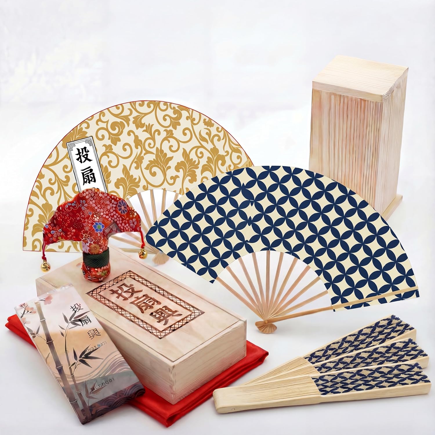 Throwing Fan Set, Authentic Set, Elegant Japanese Play, 100% Made-To-Order, Artisan Craftsmen, Includes Pine Pillow, 5 Hand Writing Fans, Butterfly, Rug, Wooden Box, Traditional Craft, Seat Play