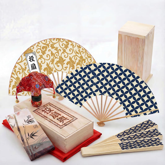 Throwing Fan Set, Authentic Set, Elegant Japanese Play, 100% Made-To-Order, Artisan Craftsmen, Includes Pine Pillow, 5 Hand Writing Fans, Butterfly, Rug, Wooden Box, Traditional Craft, Seat Play