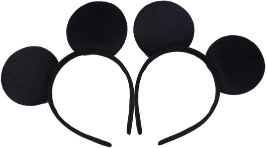 Set of 2 Black Mickey Mouse and Minnie Mouse Ears on Headband with Red and White Polka Dot Bow for Adults/Kids