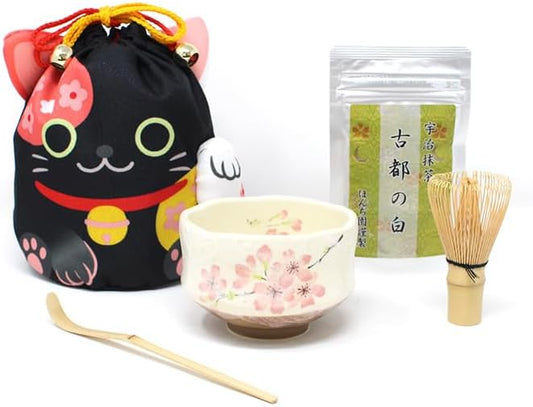 Honjien Black Cat Tea Utensils, 5-piece Set, Drawstring Cloth, Ippo, Matcha Set, Z/La, Gift, Present