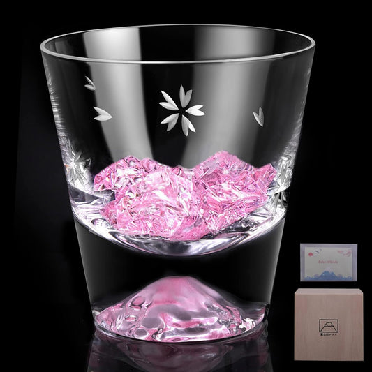 Mt. Fuji Glass, Rock Glass, Cherry Blossom Cut, Luxurious, Artisan Handmade, Paulownia Box, Japanese Sake, Beer, Whiskey, Glass, Stylish, Celebration, Wedding Gift, Sixtieth Birthday Celebration, Gift