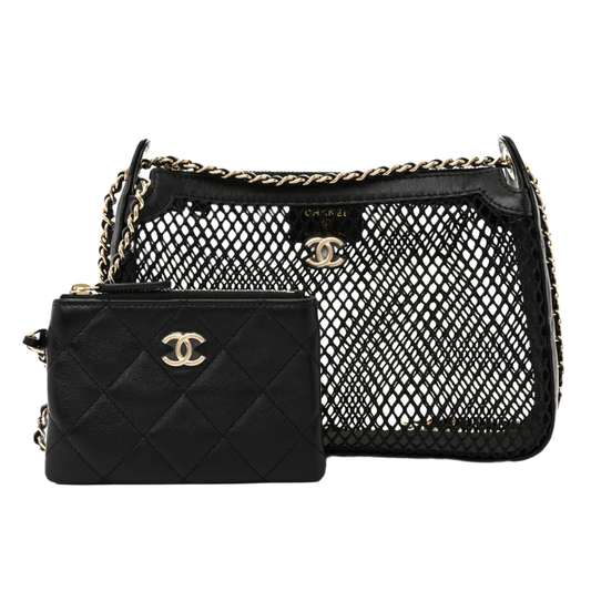 CHANEL 25S MESH SHINY LAMBSKIN BLACK CLUTCH WITH CHAIN AND WALLET