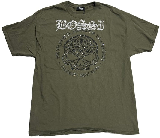 BOSSI 'DUBLIN SKULL' OLIVE GREEN RHINESTONE VINTAGE TEE
