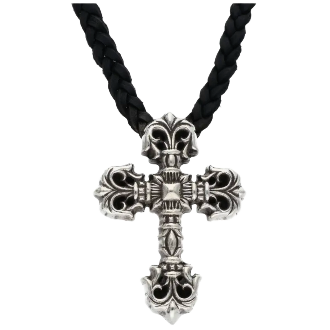 CHROME HEARTS 'JUMBO FILIGREE CROSS' WOVEN LEATHER NECKLACE