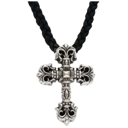 CHROME HEARTS 'JUMBO FILIGREE CROSS' WOVEN LEATHER NECKLACE