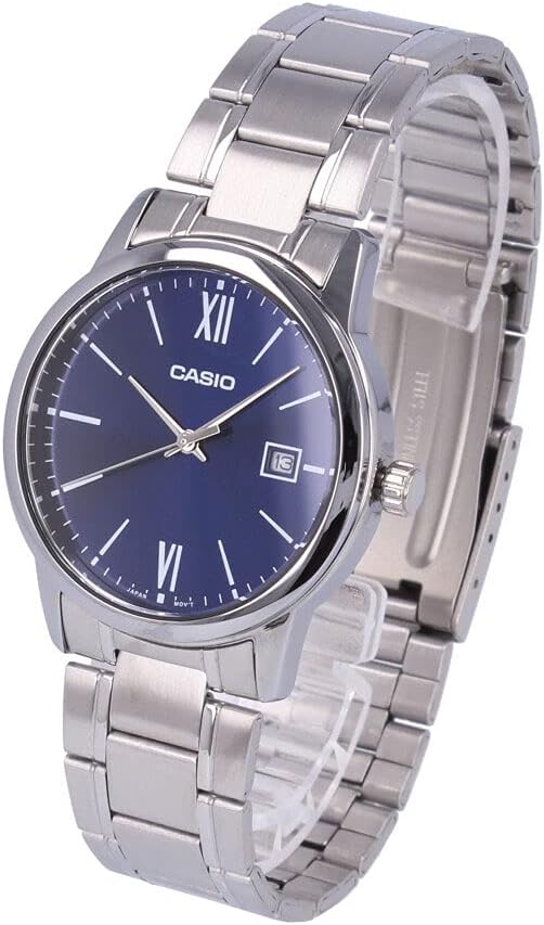 Casio MTP-V002D-2B3 Casio Standard Dress Watch, Men's, Analog, Stainless Steel, Metal, Silver, Navy, Bracelet Type