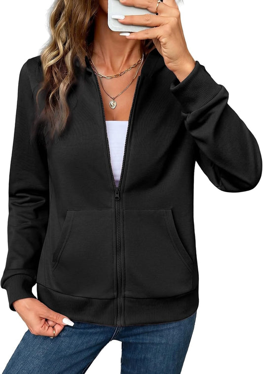 SHEWIN Sudadera con capucha y cremallera completa para mujer, ligera, suave, manga larga, con capucha, casual, con bolsillos, moda de otoño 2026