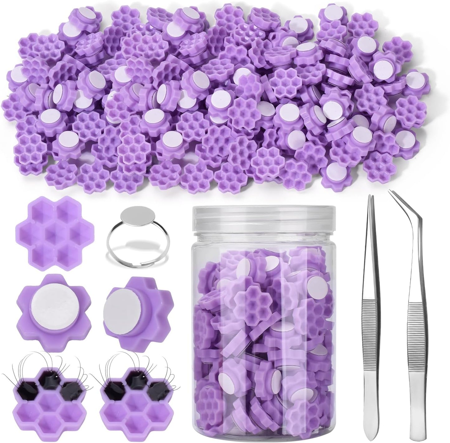 UAKEREDハニカム形状 まつ毛エクステンション グルーカップ セット睫毛延長ゴムラック花形120個睫毛接ぎ木供給プラスチックゴムカップトレイマット、2個ピンセット付き自宅用 DIY つけまつげ グルー皿