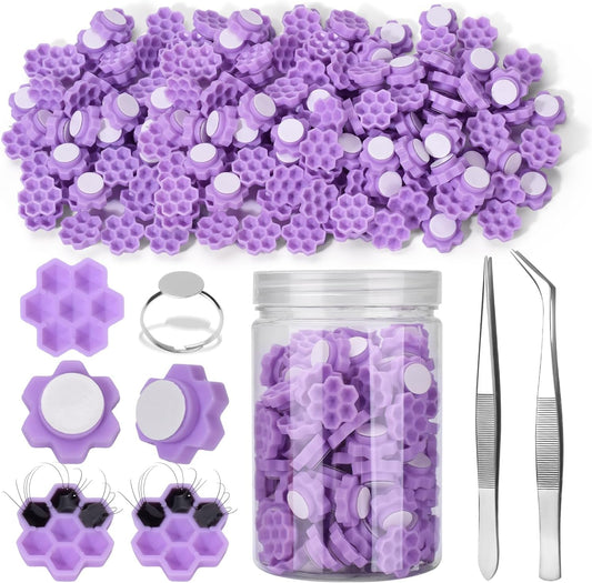 UAKEREDハニカム形状 まつ毛エクステンション グルーカップ セット睫毛延長ゴムラック花形120個睫毛接ぎ木供給プラスチックゴムカップトレイマット、2個ピンセット付き自宅用 DIY つけまつげ グルー皿