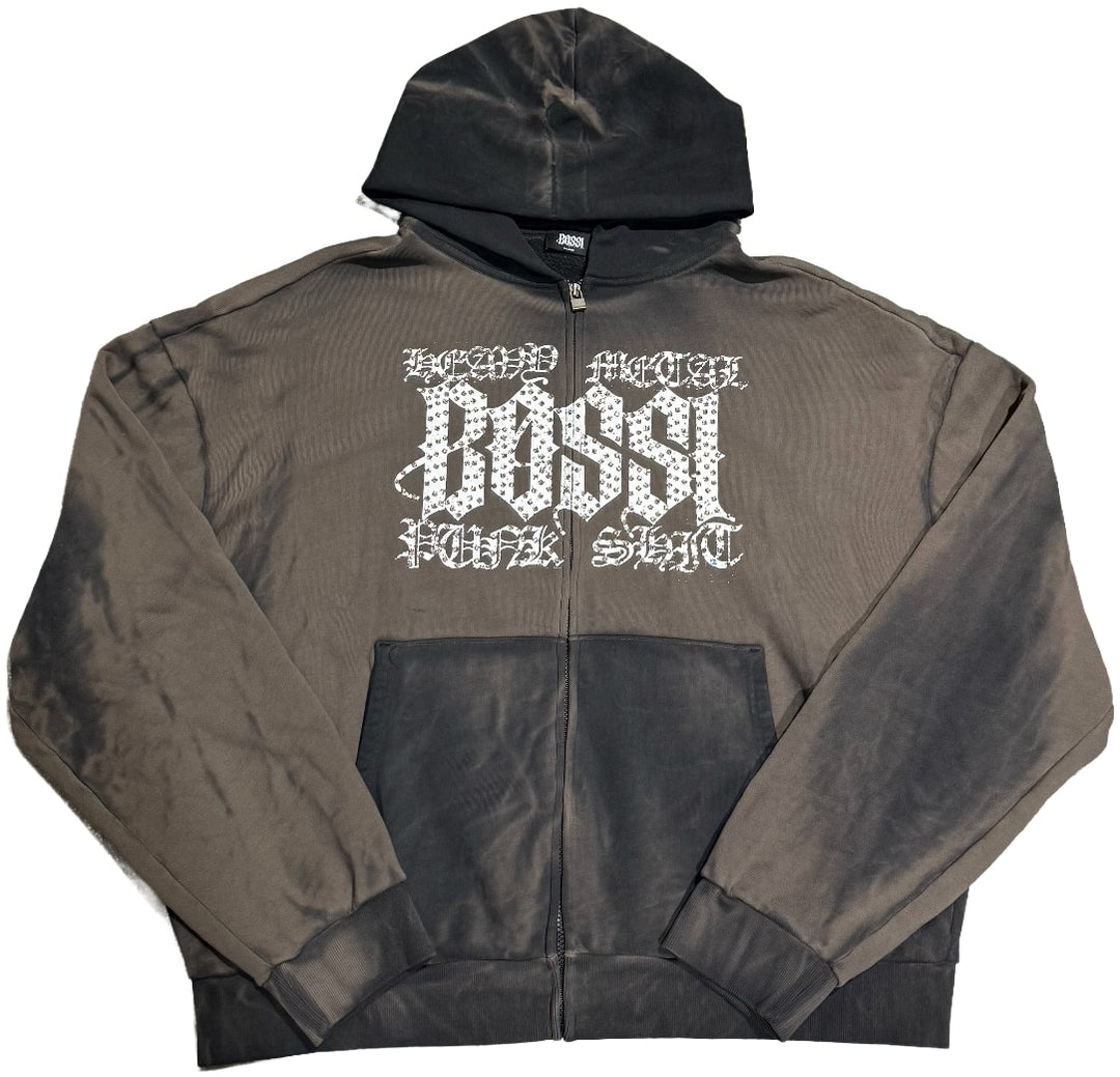 BOSSI 'WHITE HEAVY METAL' BROWN RHINESTONE ZIP-UP