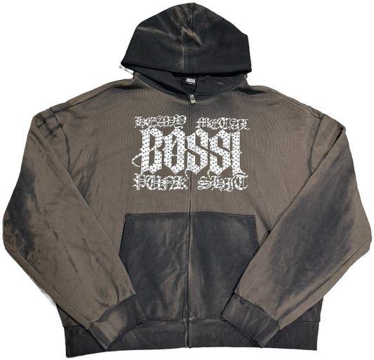 BOSSI 'WHITE HEAVY METAL' BROWN RHINESTONE ZIP-UP