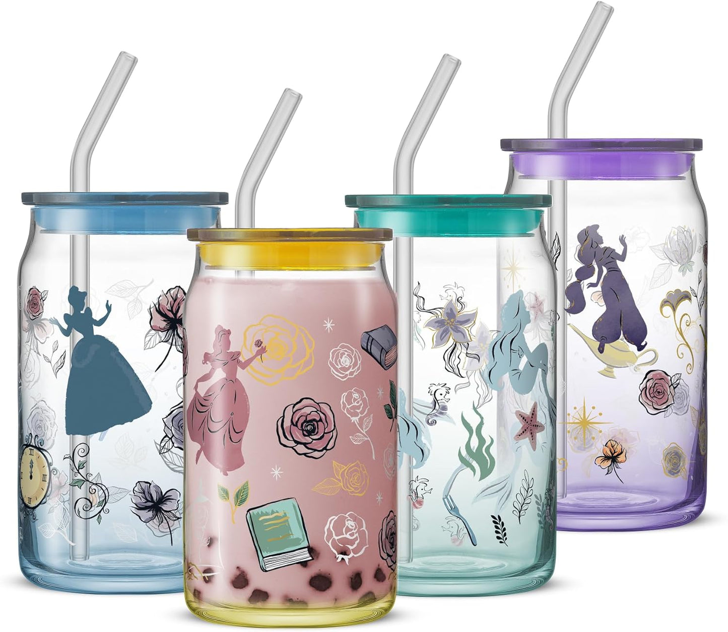 JoyJolt Tazas de vidrio con íconos de princesas Disney con tapas y popotes, tazas de vidrio de 16 oz con tapas y popotes con las princesas Jasmine, Ariel, Cenicienta y Bella, 4 piezas de vasos con