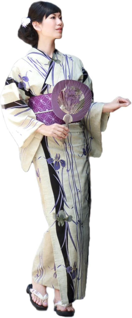 Brilliant Peace Women's Yukata Set, Retro, Adult, Luxury Cotton Linen Yukata 3-Piece Set, "Blue Purple Ayame and Black Vertical Stripes" Classic Pattern, Elegant, Regular Size, Quinari