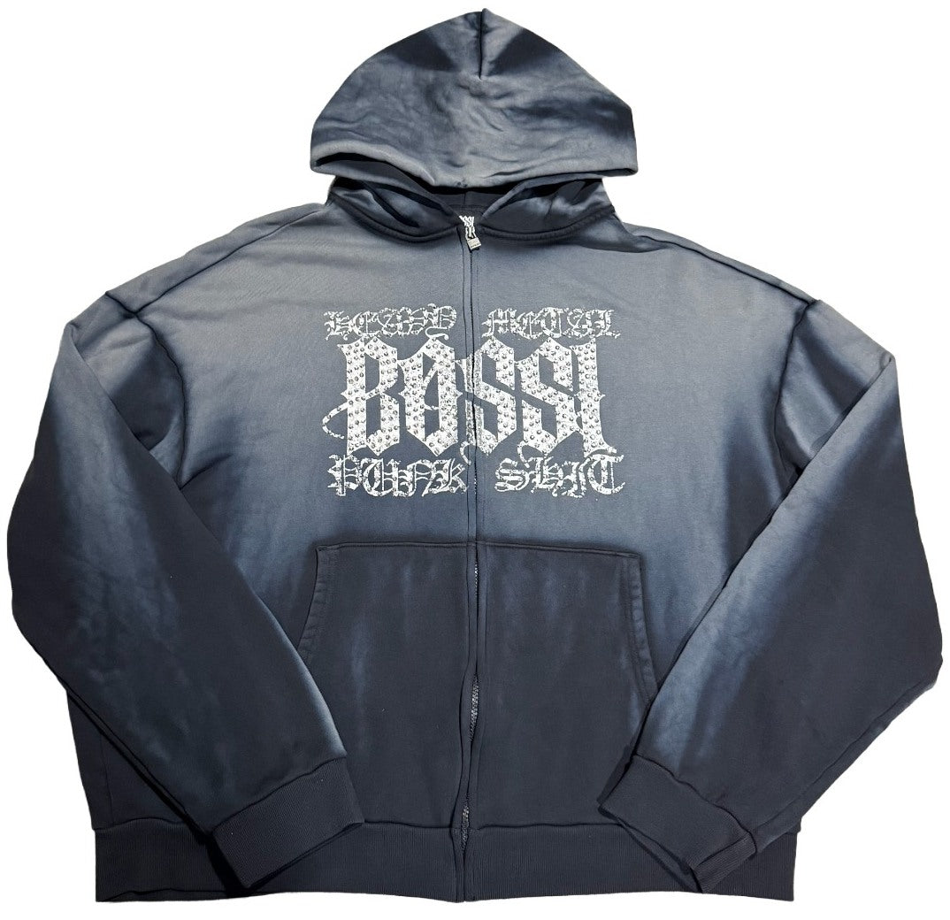 BOSSI 'SILVER HEAVY METAL' WASHED BLACK RHINESTONE ZIP-UP