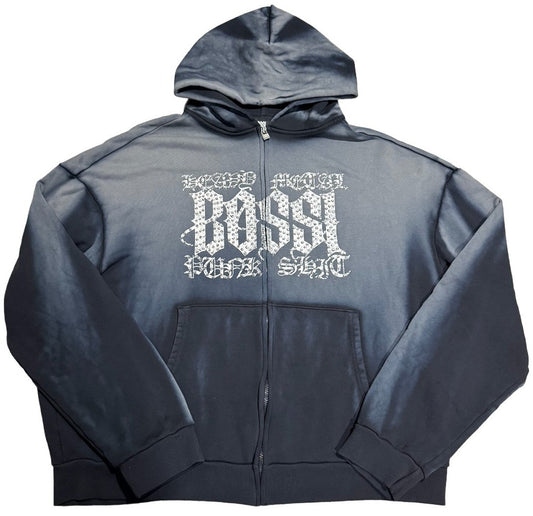 BOSSI 'SILVER HEAVY METAL' WASHED BLACK RHINESTONE ZIP-UP