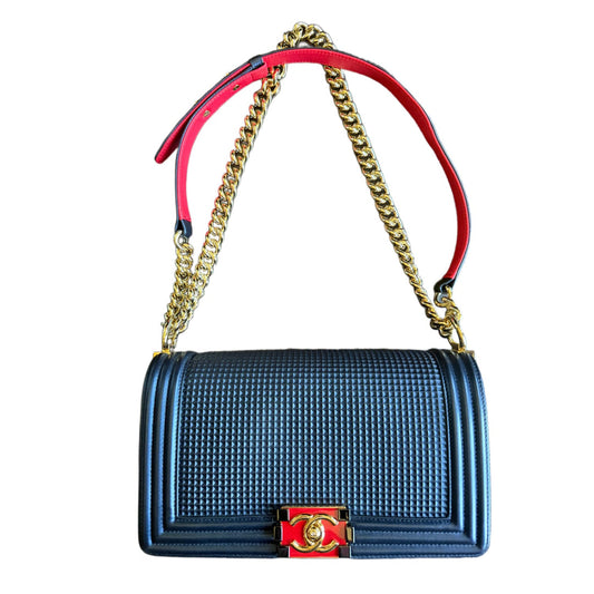 CHANEL BOY FLAP BAG 'METALLIC NAVY' CUBE EMBOSSED LAMBSKIN