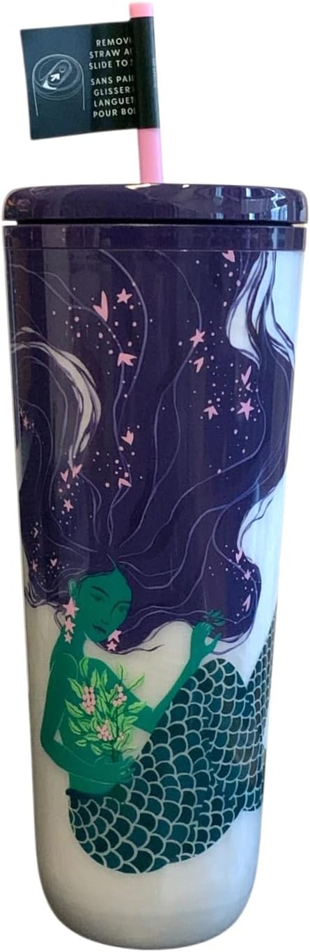 Starbucks Siren Mermaid Pearlescent Purple Venti - Vaso de doble pared con tapa para popote o sorbo 24 onzas