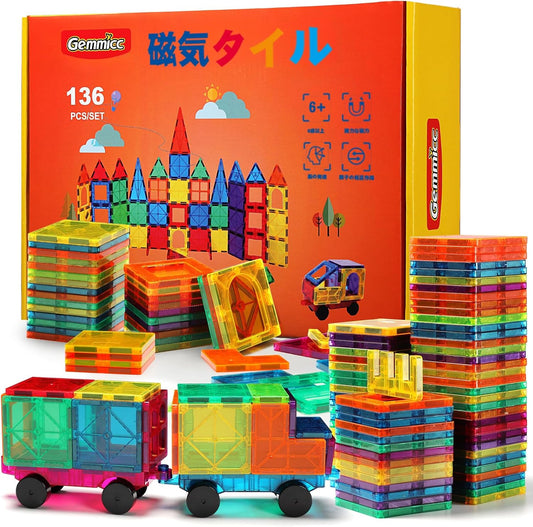 Gemmicc 136PCS Magnetic Tiles Building Blocks for Kids STEM Approved Educational Toys Magnetic Puzzle Building Blocks for Boys Girls with 2 Cars