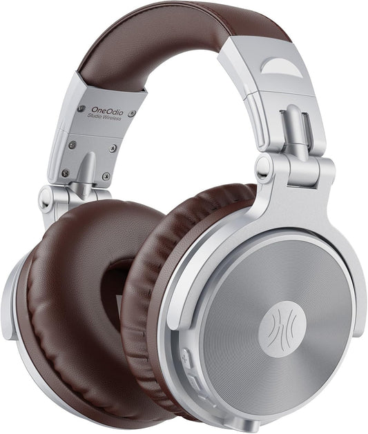 OneOdio Wireless Headphones, Up to 110 Hours of Continuous Playback, Bluetooth Headphones, Heavy Bass, Wired Hi-Res, Multi-Point Support, Built-in Microphone, Hands-Free Calling, Pro C, Silver Brown