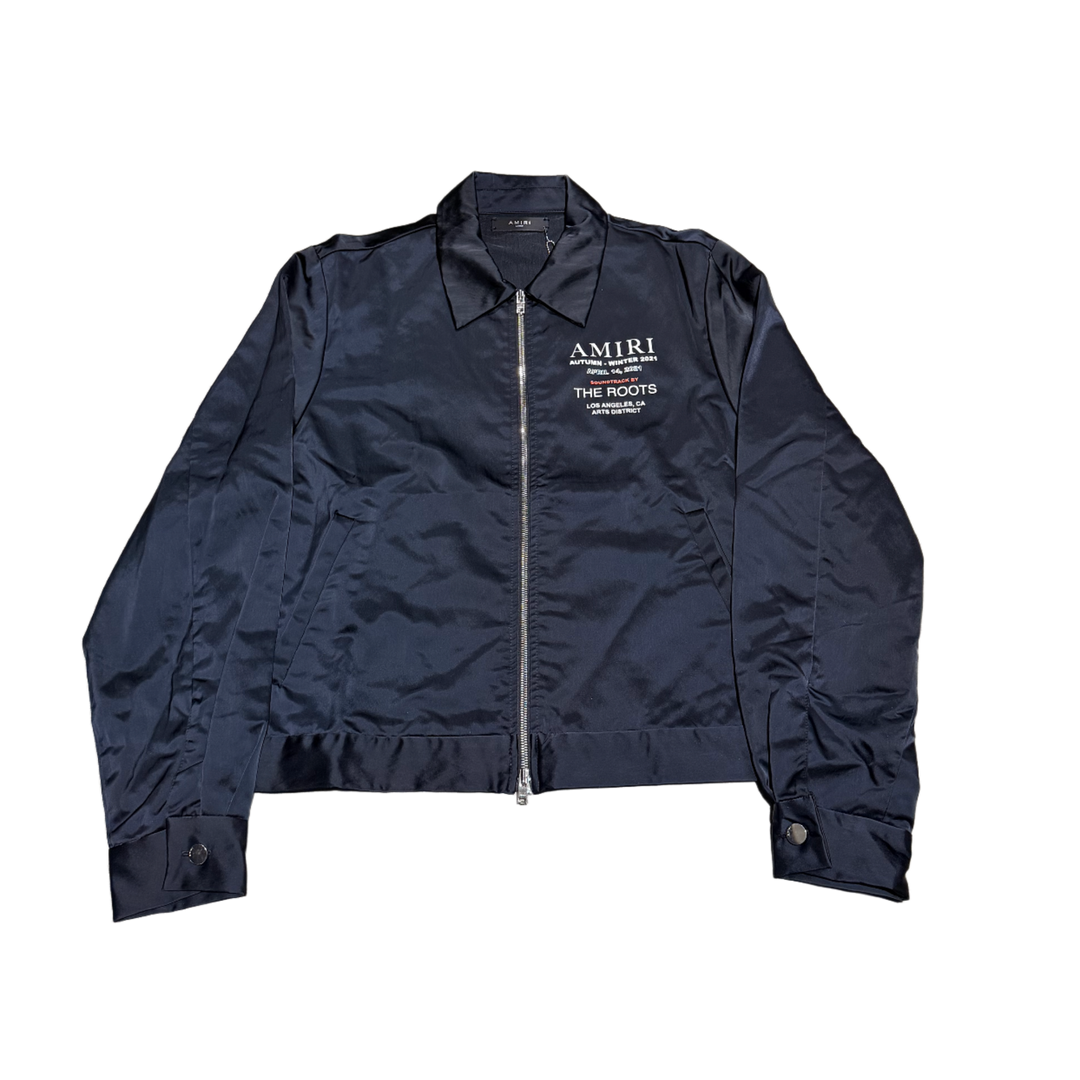 AMIRI 'THE ROOTS' NAVY SATIN ZIP UP JACKET