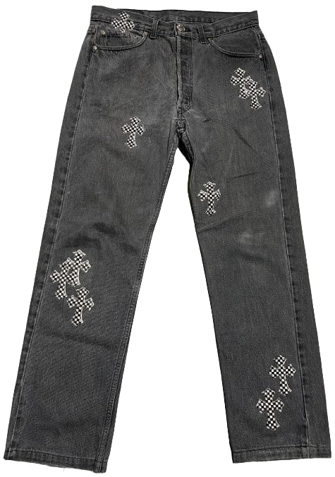 CHROME HEARTS 'BLACK/WHITE CHECKERED PRINT' CROSSPATCH JEANS
