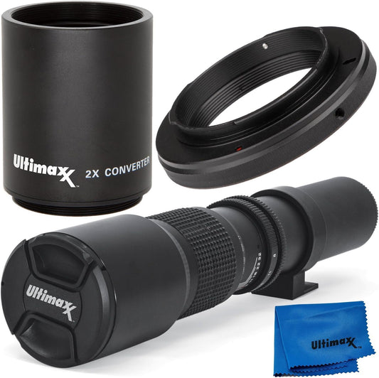 Ultimaxx 500mm/1000mm f/8 Multicoated Lens Kit D7200 D7100 D7000 D5500 D5300 D5200 D5100 D5000 D3300 D3200 D3100 D3000 D700 0 D60 0 D500 D90 D80 D70 D60 D50 and other Nikon DSLR Cameras
