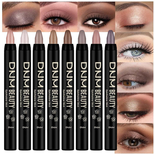 Juego de 8 piezas de barras iluminadoras de sombra de ojos en crema, champán perla gris topo bronce cacao piedra masilla amatista ahumada con brillo mate, lápiz delineador de ojos, barra aplicadora