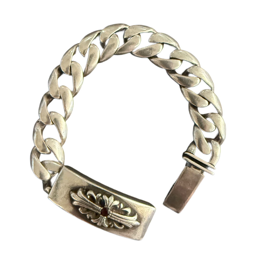CHROME HEARTS 'FLORAL CROSS' 9IN SILVER BRACELET WITH RUBY