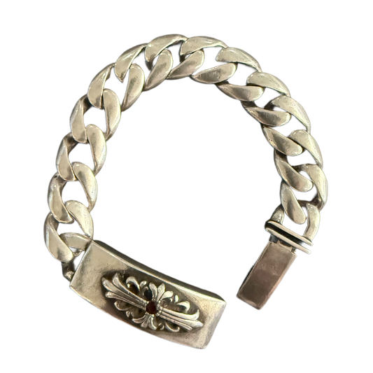 CHROME HEARTS 'FLORAL CROSS' 9IN SILVER BRACELET WITH RUBY
