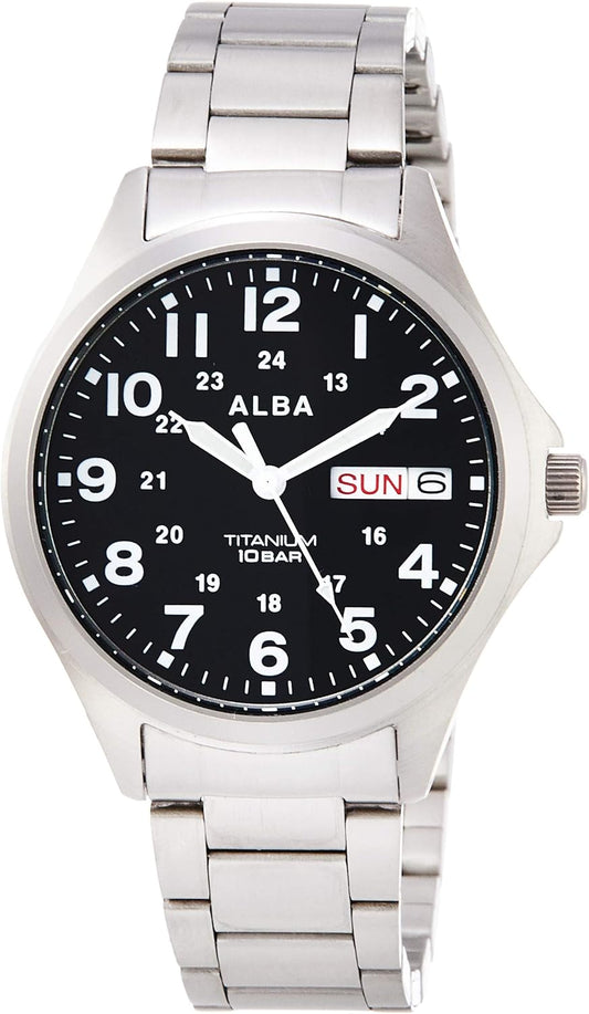 Seiko AQPJ402 Men's Wristwatch, Quartz, Titanium, Sporty, Reinforced Waterproof for Daily Use (10 ATM), Date and Day Notation, Silver, Dial color - black, Quartz Titanium Sporty Watch