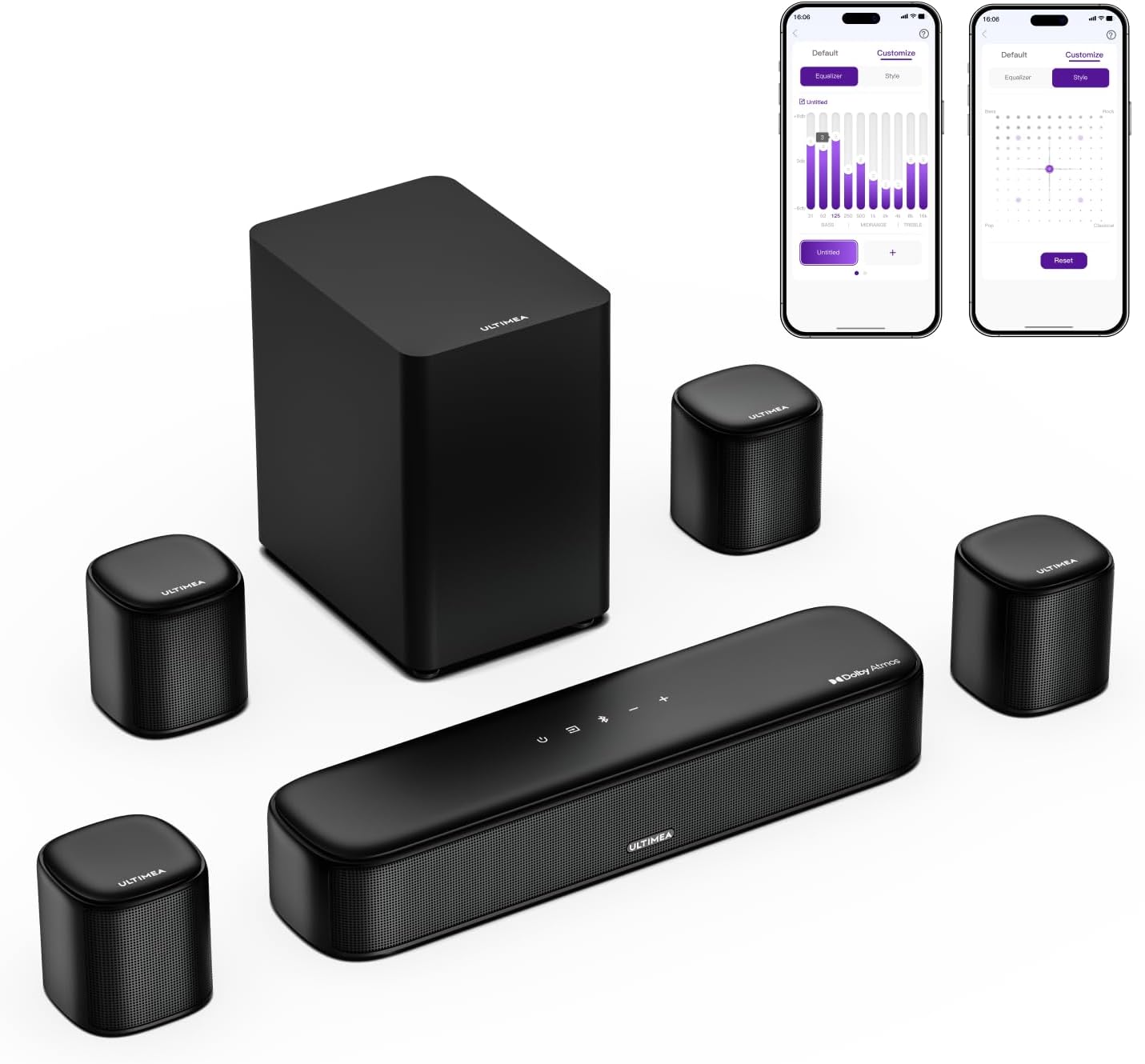 ULTIMEA 7.1ch Soundbar Dolby Atmos 350W with BassMX, Subwoofer & Surround Speakers, HDMI eARC/Bluetooth/Optical/AUX/USB, APP Control, Heavy Bass, Home Theater Speaker, Ideal for Movies/Games/Music