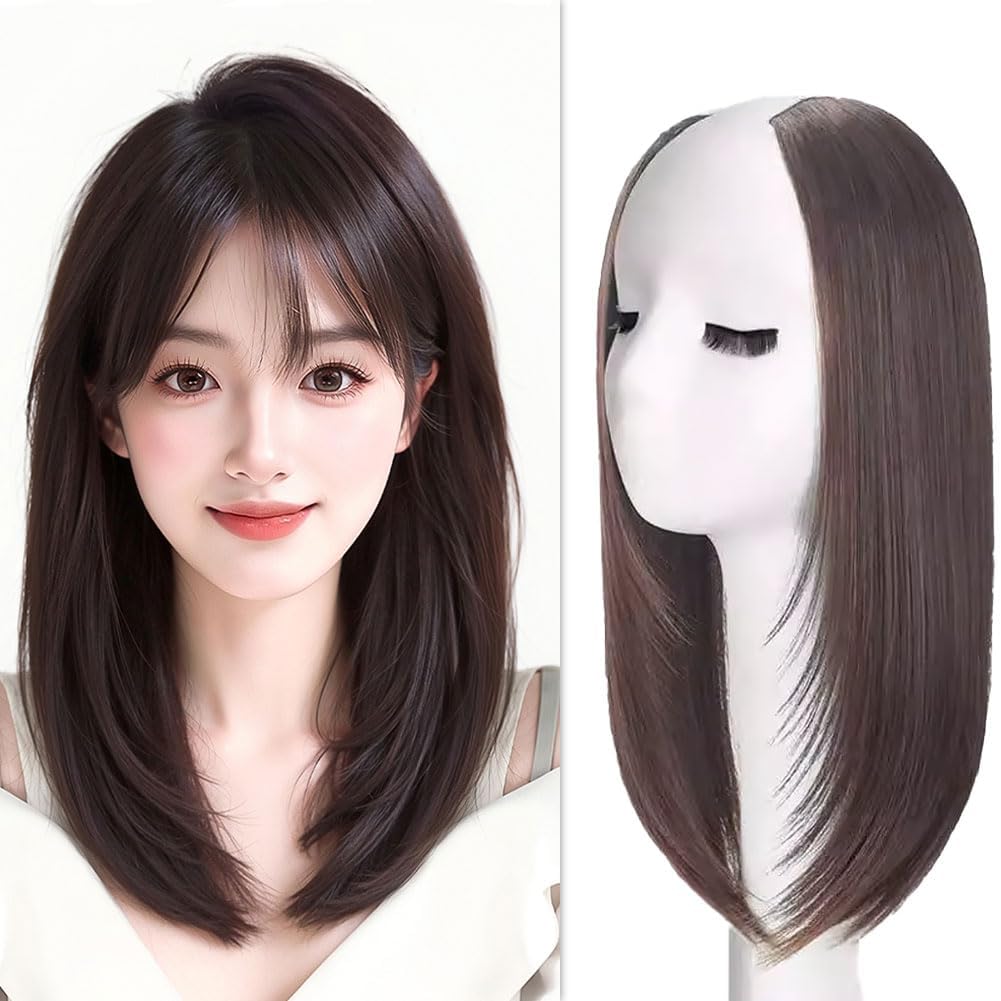 MASAHA Hair Extensions Neckline Wig, Hair Extension, Semi-Long, Straight Inner Winding, Layered, Medium Partial Wig Hairpiece (Dark Brown)